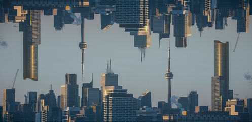 symmetry and mirrored geometry pattern, reflected skyscrapers of Toronto and modern buildings skyline abstract background, lines and tunnel futuristic technology concept