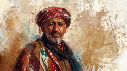 Naklejka premium elegant moroccan man in traditional national costume cultural portrait digital painting