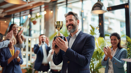 Businessman in suit holding a golden trophy cup with his both hands, celebrating a standout team member, office team applause. Employee Appreciation Day concept. Professional achievement, success