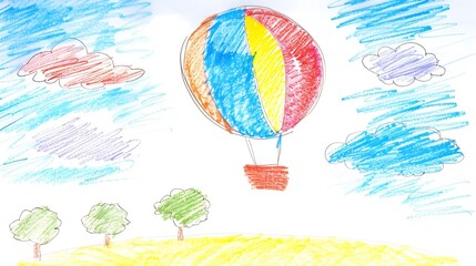 Colorful Air Balloon Crayon Drawing on White Background