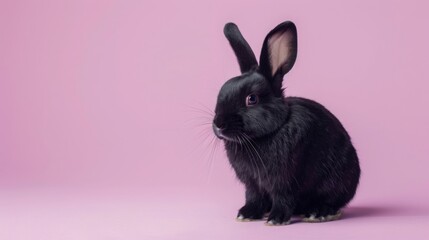 A black rabbit sits on a pink background, looking to the side.