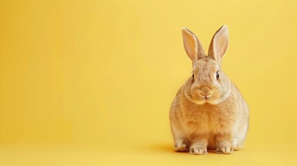 Obraz premium A brown rabbit sits on a yellow background, looking directly at the camera.