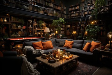 Naklejka premium Cozy games room with sofas and games., generative IA