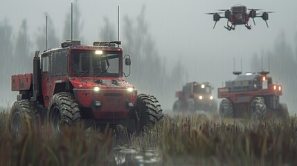 Fototapeta premium Futuristic agricultural scene drone pollinators and automated farming machinery in panoramic view