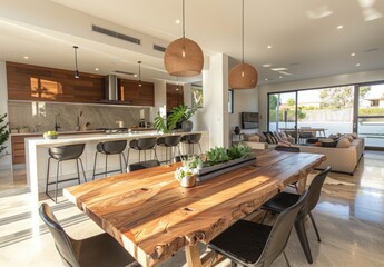A stylish dining area with a large wooden table, designer chairs, and an open plan layout that leads to a modern kitchen