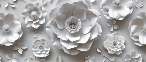 3d render of paper cut of white flowers on grey background