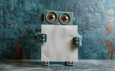 A vintage robot holding a blank sign against a blue wall. Stock