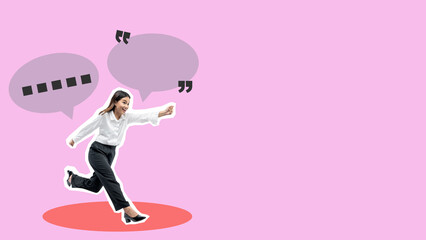 A woman is running and pointing at a pink background with a quote on it