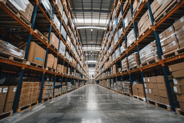 Fototapeta premium A large warehouse with many boxes on the shelves