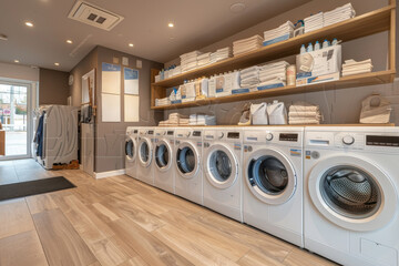 A row of white washers and dryers are on display in a store. Laundry station