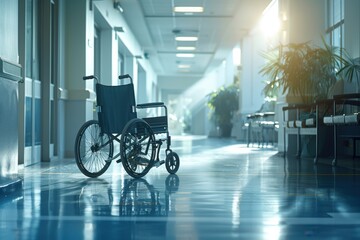 A blue wheelchair is parked in a hallway at hospital