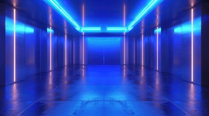 Fototapeta premium Mesmerizing Blue Neon Tunnel in Dark Room - Futuristic Abstract Art