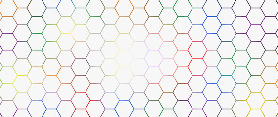 White hexagon abstract technology background with colorful bright flashes under hexagon. Hexagonal gaming vector abstract tech background.