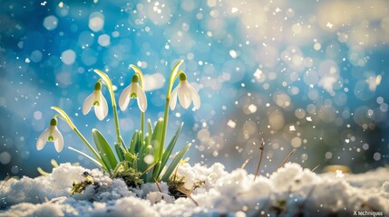 The snowdrop flowers in the snow. Spring nature background.  image.