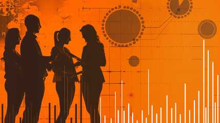 Business Team Discussing Data Analysis with Orange Overlay