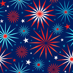 Various patterns and fireworks are scattered across a dark blue background, creating a vibrant and dynamic composition. 