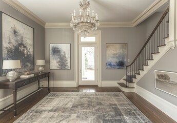 Obraz premium A chic entryway with a statement chandelier, elegant console table, and artwork adorning the walls
