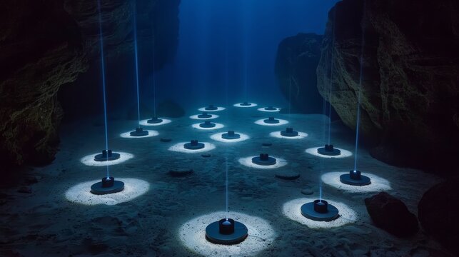Bioluminescent ocean  underwater communication network linked by light beams to subsea data stations