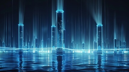 Bioluminescent ocean underwater communication network linked by light beams to subsea data stations