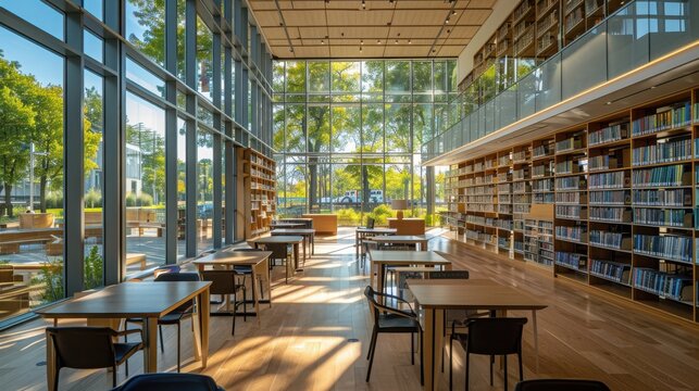 A large library with many tables and chairs