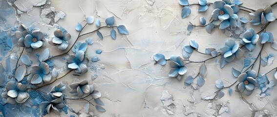 3d wallpaper, grey stone background with blue leaves and flowers