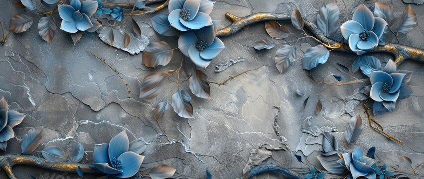 3d wallpaper, grey stone background with blue leaves and flowers