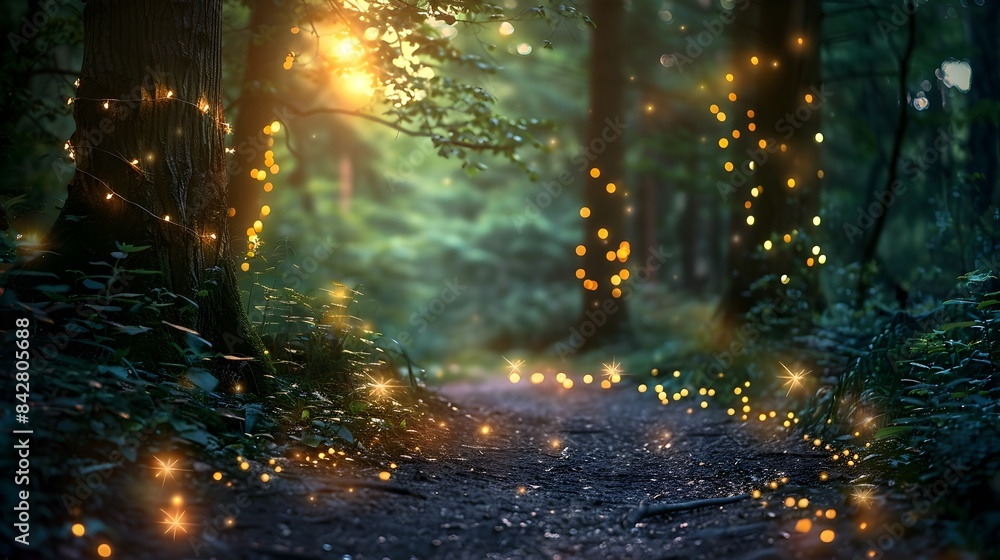 Poster enchanted firefly illuminating hidden path in magical forest