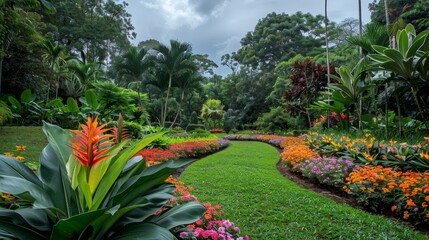 Botanical garden with diverse plant species, lush greenery and colorful blooms
