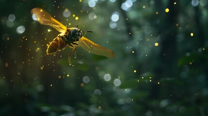 Naklejka premium Firefly Illuminated in Mid-Flight Against a Dark Forest Backdrop