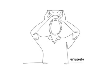 Woman lifting watermelon. Ferragosto concept one-line drawing