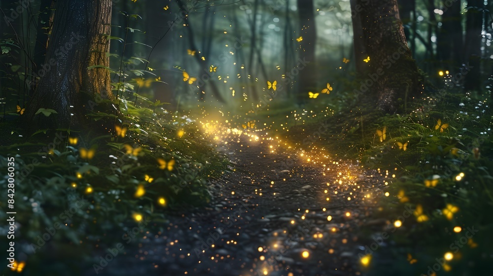 Poster fireflies' luminescent path leading to distant light source