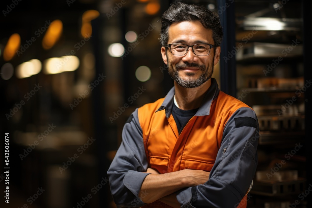 Poster Young man smiling with safety glasses wearing uniform with standing safety helmet , generative IA