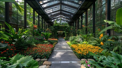Botanical garden with diverse plant species, lush greenery and colorful blooms
