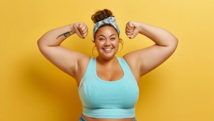 Isolated overweight plus size woman enjoying life on a plain yellow background.