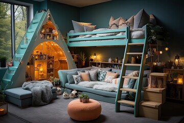 Child room with suspended bed and slide., generative IA