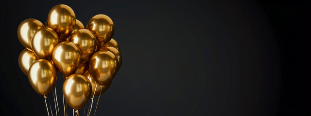 Un mont&oacute;n de globos dorados sobre fondo negro con espacio para copiar texto, plantilla de dise&ntilde;o de maqueta. Concepto de fiesta festiva. Estilo fotogr&aacute;fico realista. Alta resoluci&oacute;n. , fotograf&iacute;a real