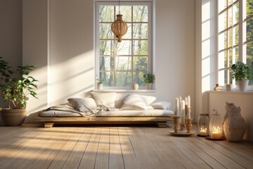 Minimalist room with candle and meditation rug., generative IA