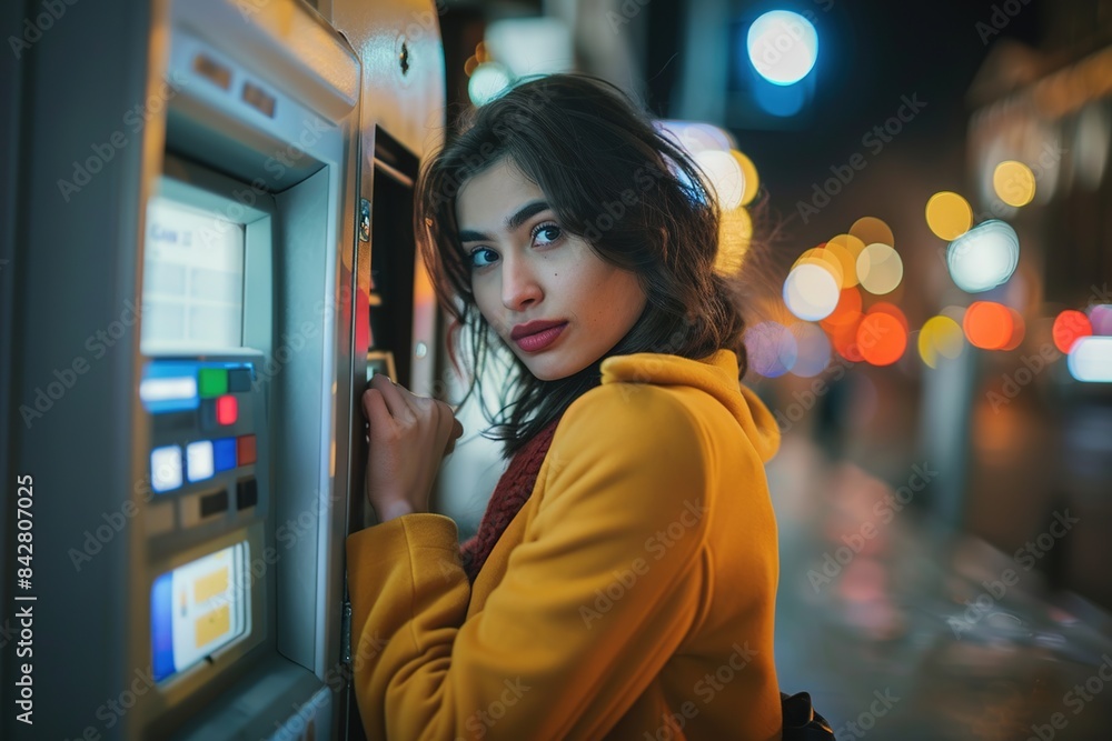 Poster young beautiful woman withdrawing money from credit card on atm or buying a ticket for public transp