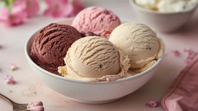 Gourmet summer dessert of artisanal or craft ice cream made with fresh berries, macaroons, coffee beans, pistachio nuts and chocolate served in bowls