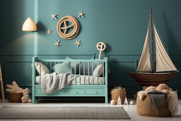Nautical baby room with boat -shaped cradle and marine elements., generative IA