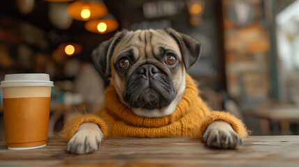 A dog is sitting and waiting for food on an empty wooden table. In restaurants or cafes that allow pets Come and sit at the table with the pet-friendly owner.