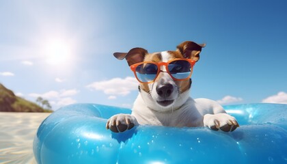 Chihuahua dog wearing sunglasses on beach