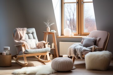 Scandinavian baby room with neutral furniture., generative IA