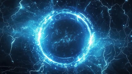 Fototapeta premium futuristic blue hologram portal glowing electric circles plasma lightning frame abstract background