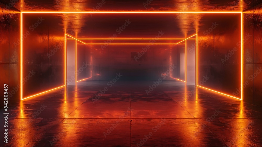 Aufkleber 3d rendering of an empty room with neon lights and shadows. stock stock.