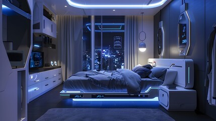 Futuristic Smart Bed with Adjustable Lighting and Climate Control in a Modern Bedroom