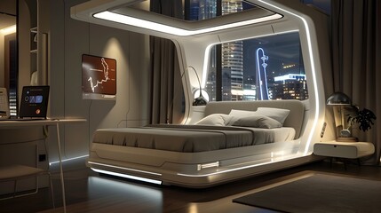 Futuristic Smart Bed with Adjustable Lighting and Climate Control in a Modern Bedroom