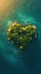Heart-shaped tropical island surrounded by turquoise water, aerial view. Romantic getaway and nature concept