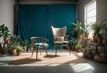Fototapeta premium a photography studio with plants and chairs in front of a blue curtain