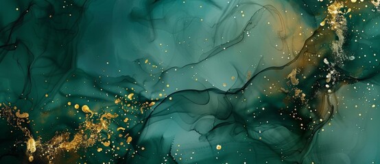 GRUNGE inspired abstract green with gold background. Stock.